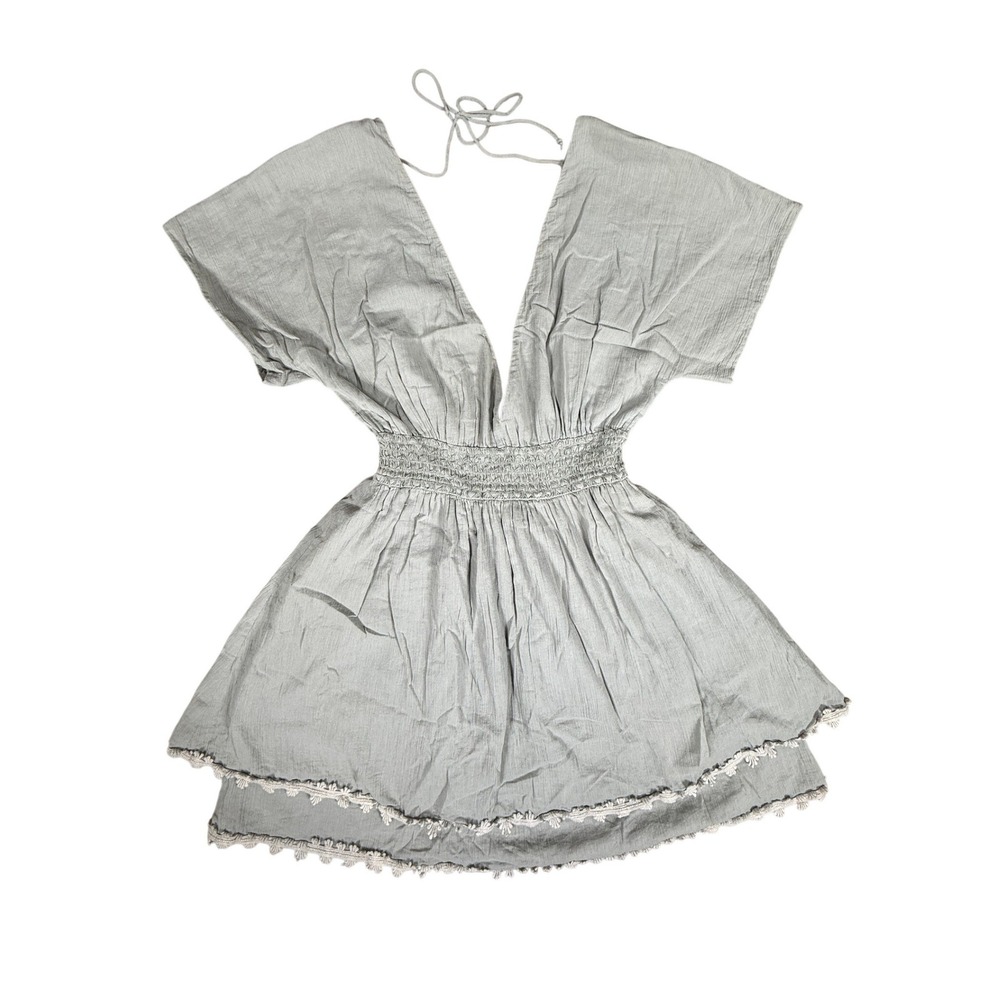 L Space Dress Women One Size Gray Boho Smocked Waist Crochet Trim